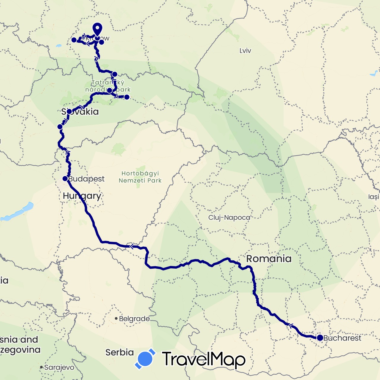 TravelMap itinerary: driving in Hungary, Poland, Romania, Slovakia (Europe)