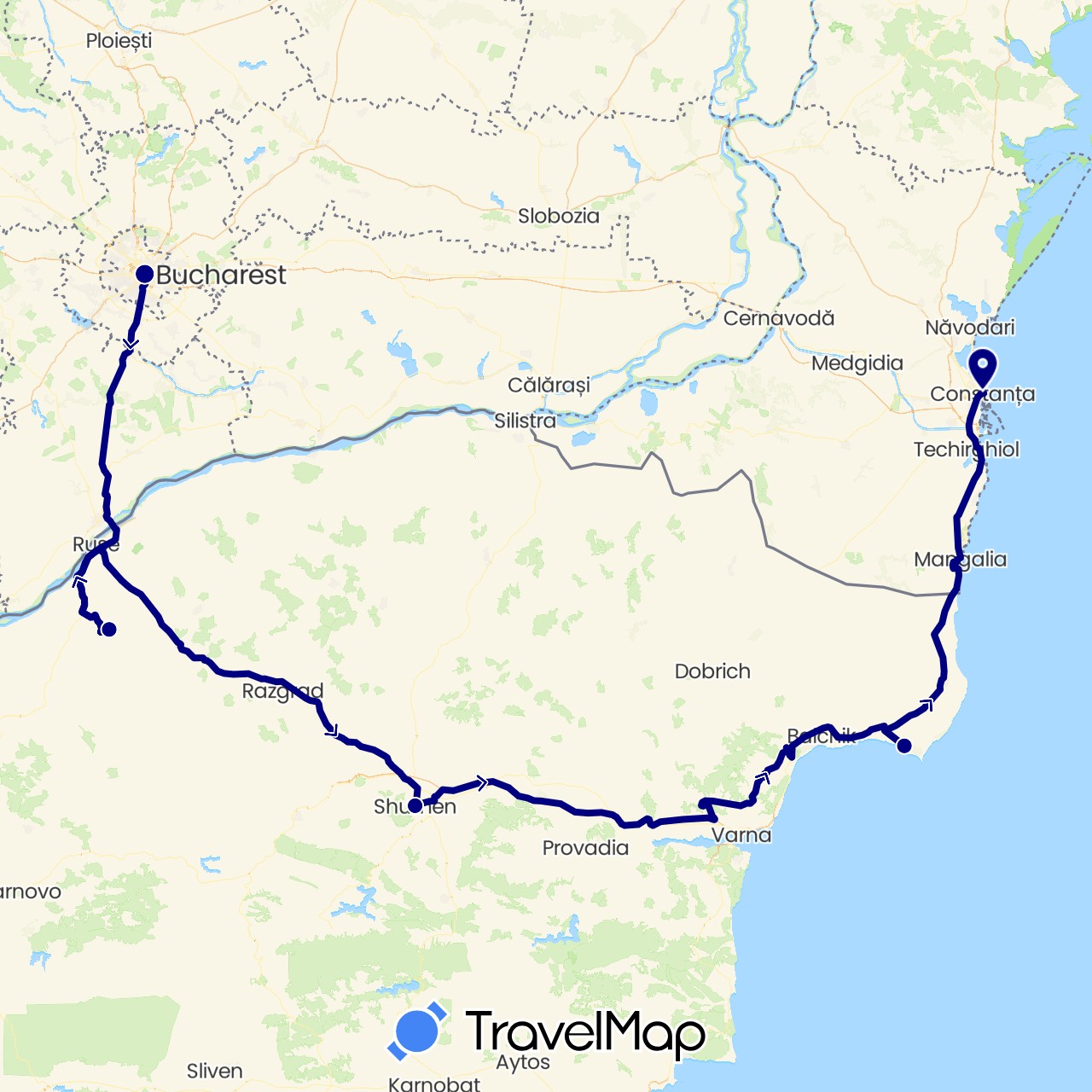 TravelMap itinerary: driving in Bulgaria, Romania (Europe)