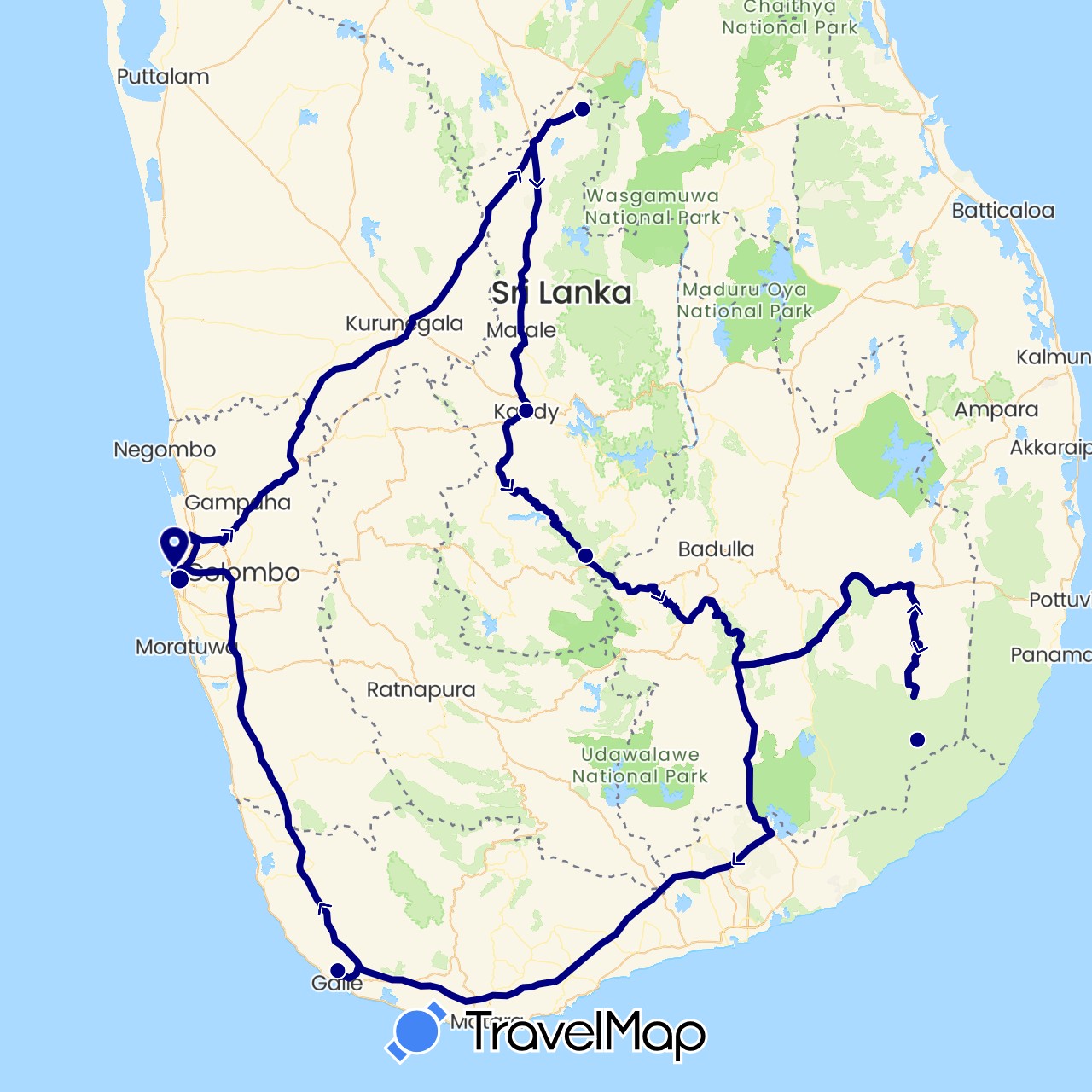 TravelMap itinerary: driving in Sri Lanka (Asia)