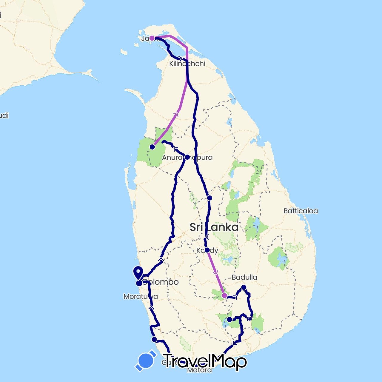 TravelMap itinerary: driving, train in Sri Lanka (Asia)