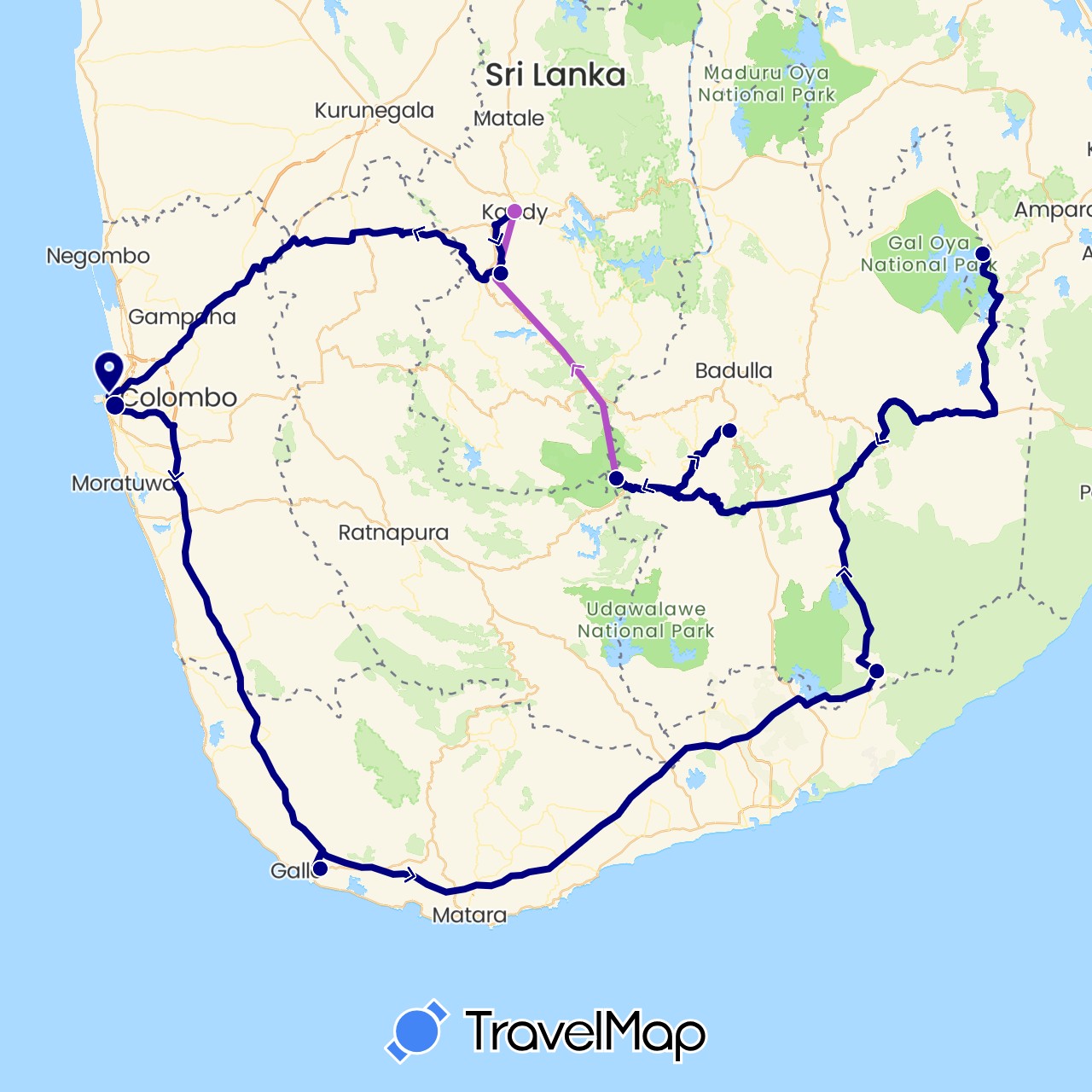 TravelMap itinerary: driving, train in Sri Lanka (Asia)