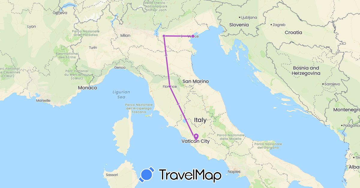 TravelMap itinerary: driving, train in Italy (Europe)