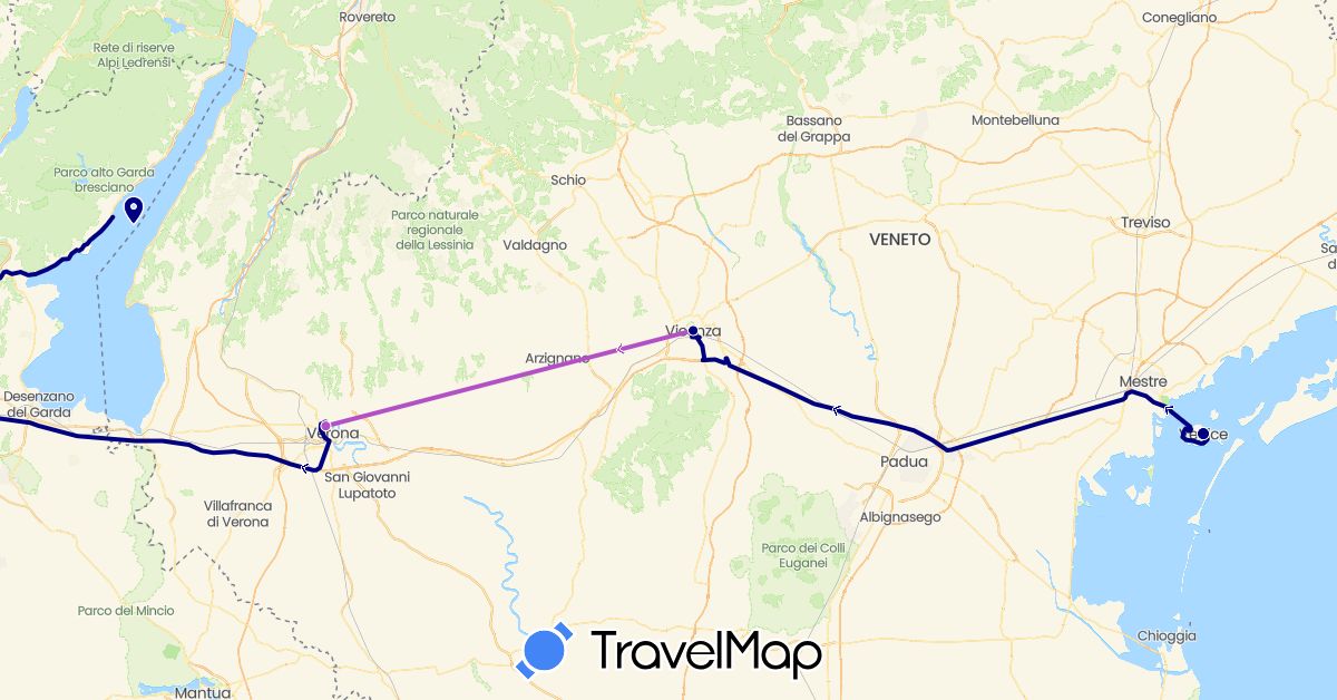 TravelMap itinerary: driving, train in Italy (Europe)
