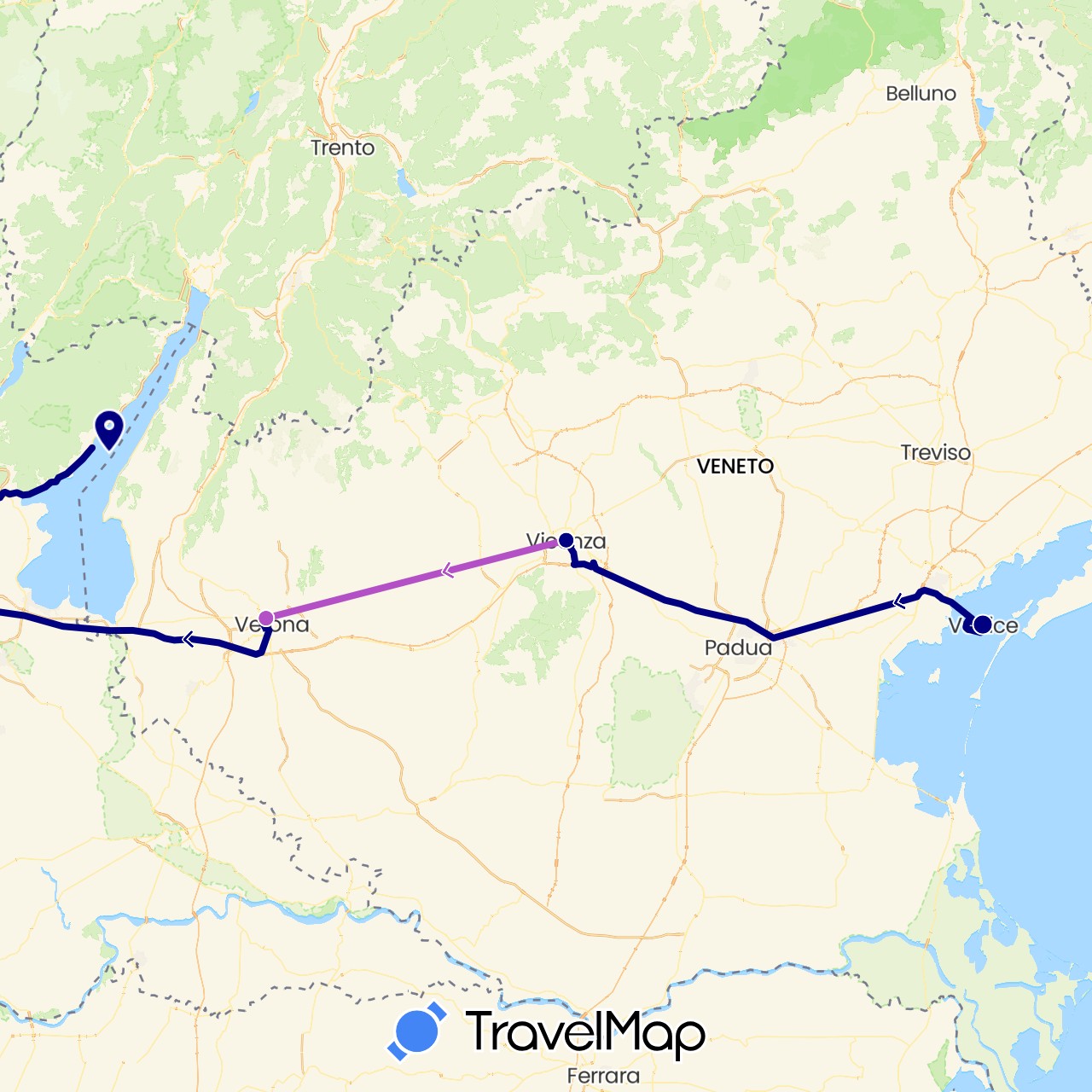 TravelMap itinerary: driving, train in Italy (Europe)