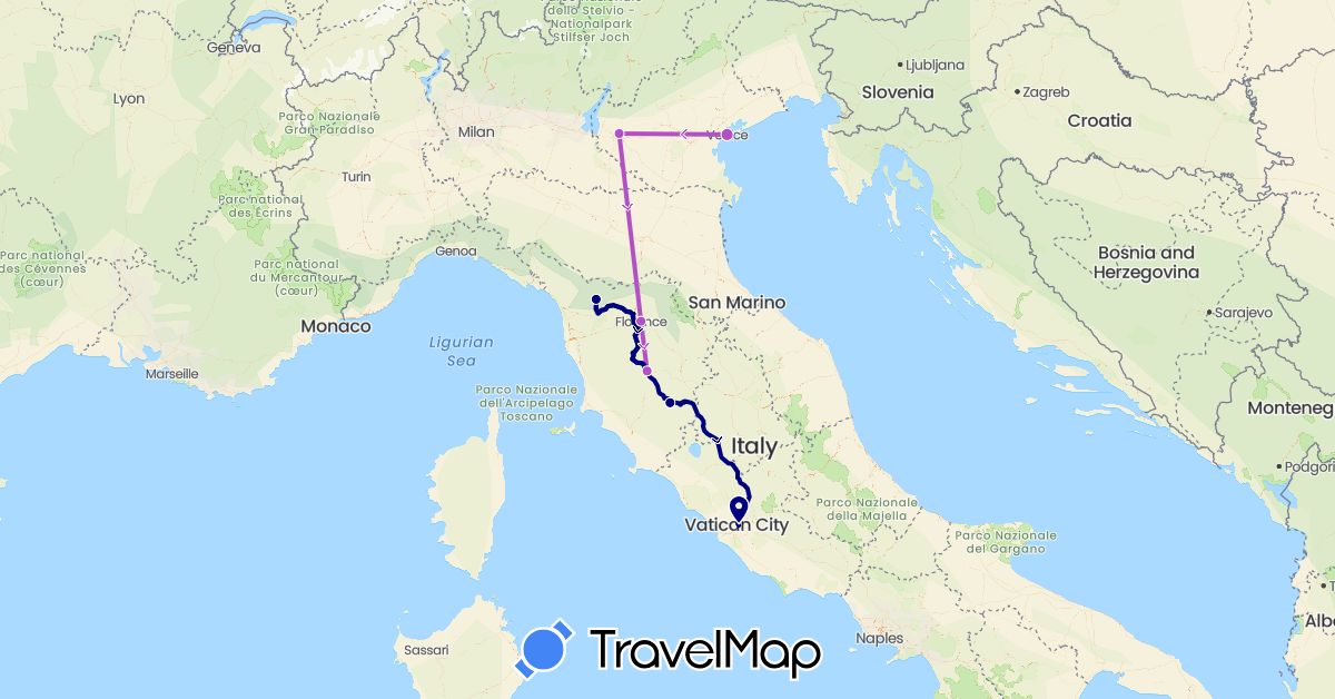 TravelMap itinerary: driving, train in Italy (Europe)