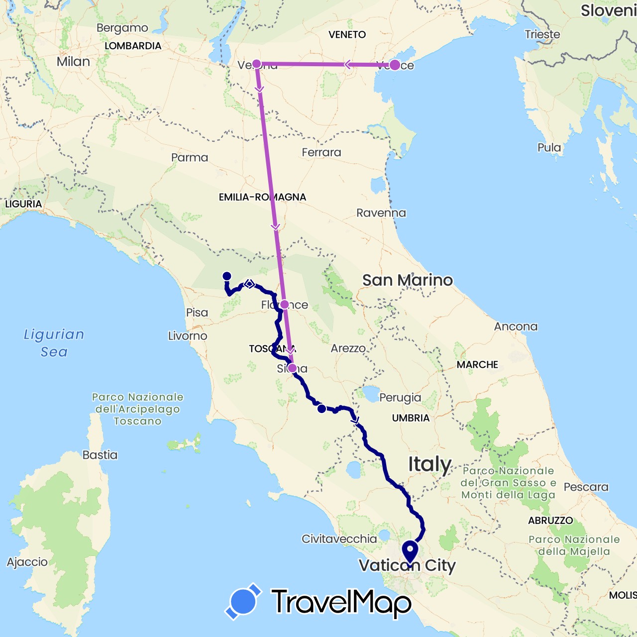 TravelMap itinerary: driving, train in Italy (Europe)