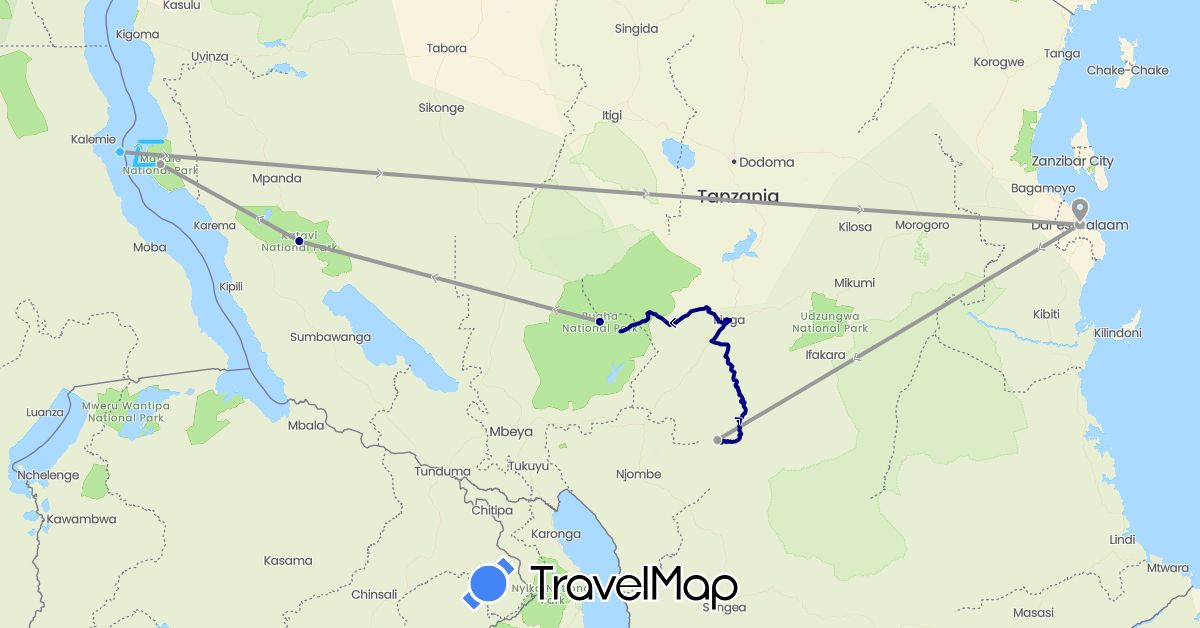 TravelMap itinerary: driving, plane, boat in Democratic Republic of the Congo, Tanzania (Africa)