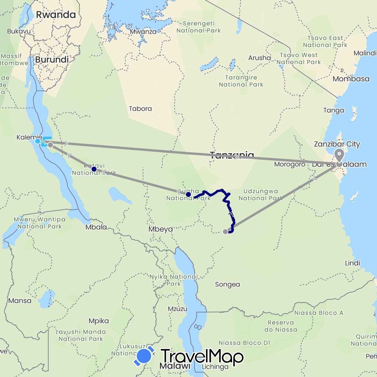 TravelMap itinerary: driving, plane, boat in Democratic Republic of the Congo, Tanzania (Africa)