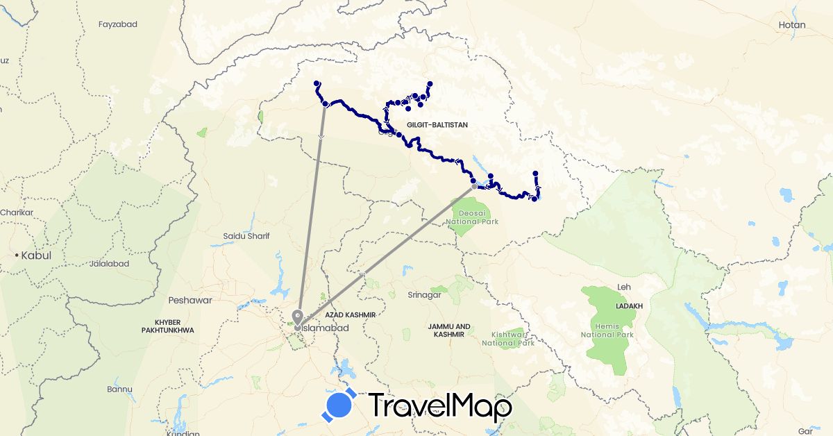 TravelMap itinerary: driving, plane in Pakistan (Asia)