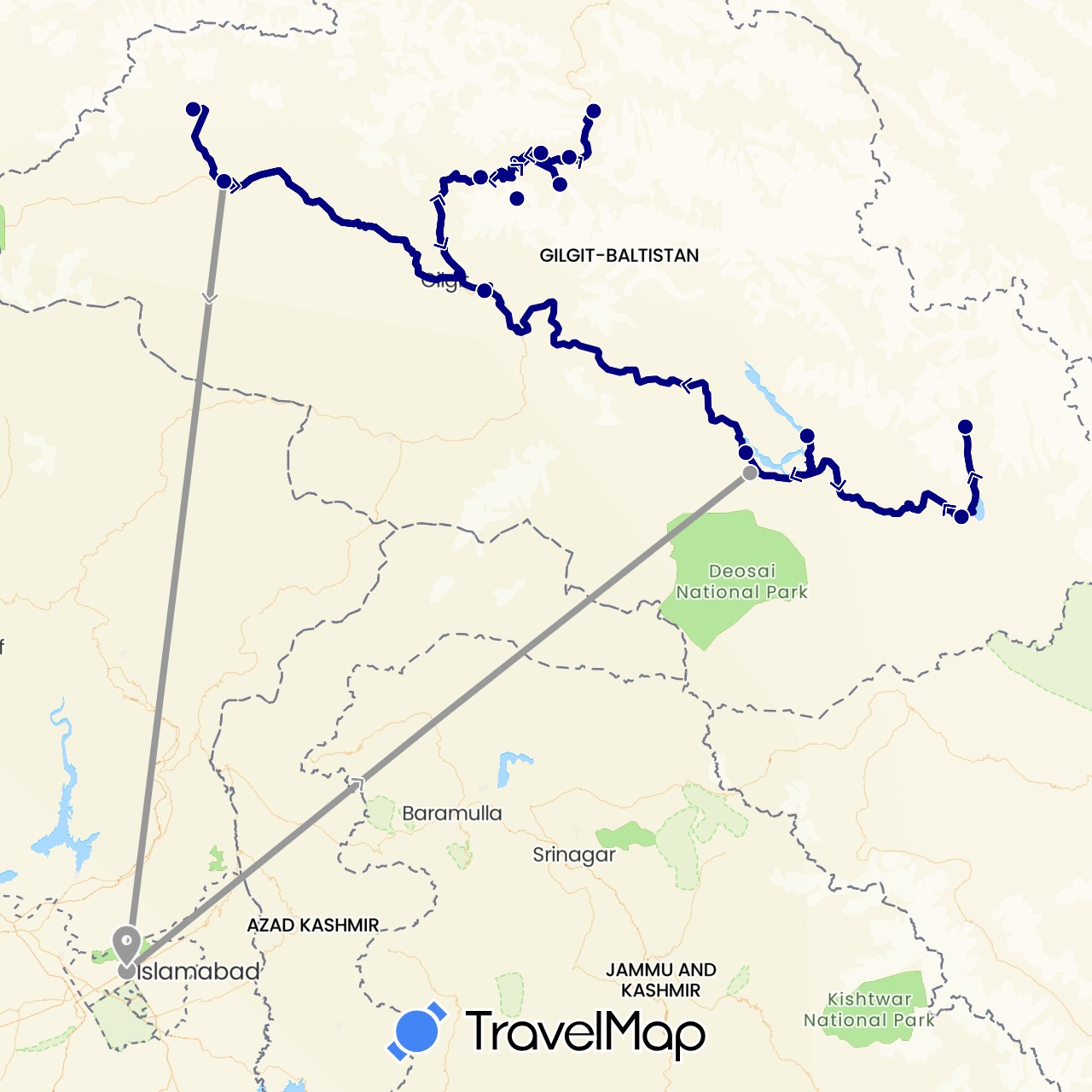 TravelMap itinerary: driving, plane in Pakistan (Asia)