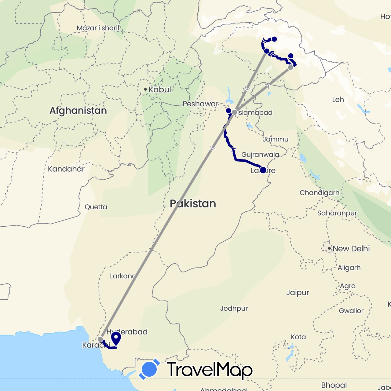 TravelMap itinerary: driving, plane in Pakistan (Asia)
