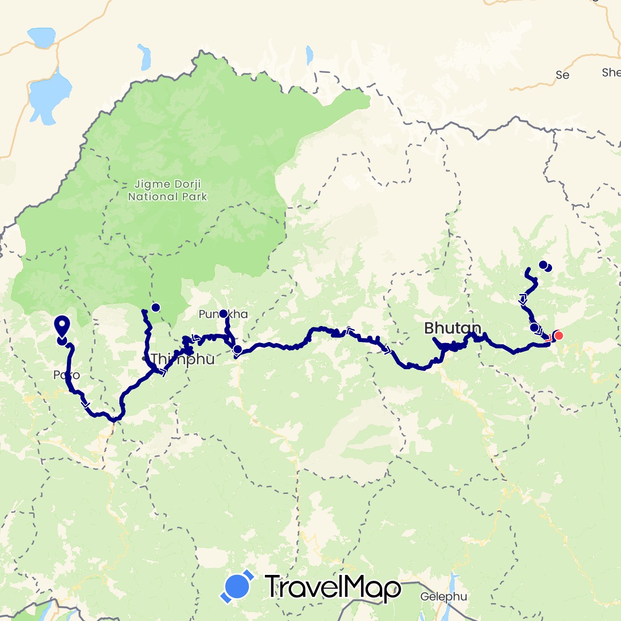 TravelMap itinerary: driving, hiking in Bhutan (Asia)
