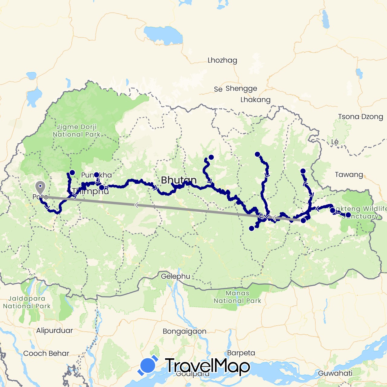 TravelMap itinerary: driving, plane in Bhutan (Asia)