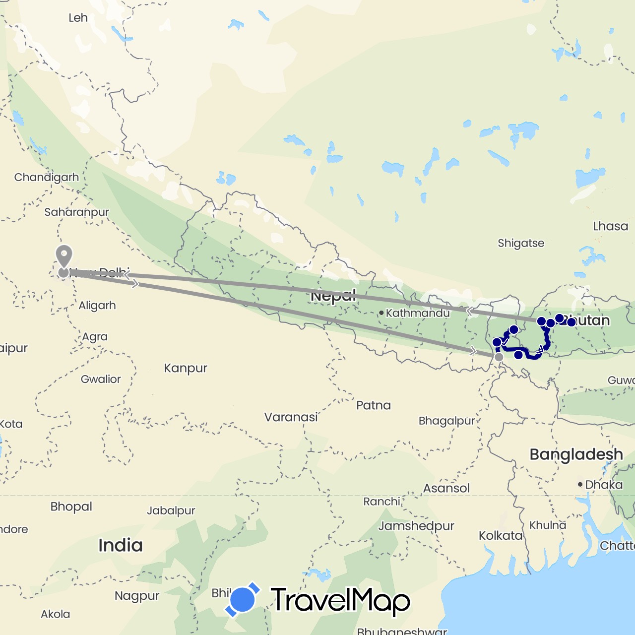 TravelMap itinerary: driving, plane in Bhutan, India (Asia)