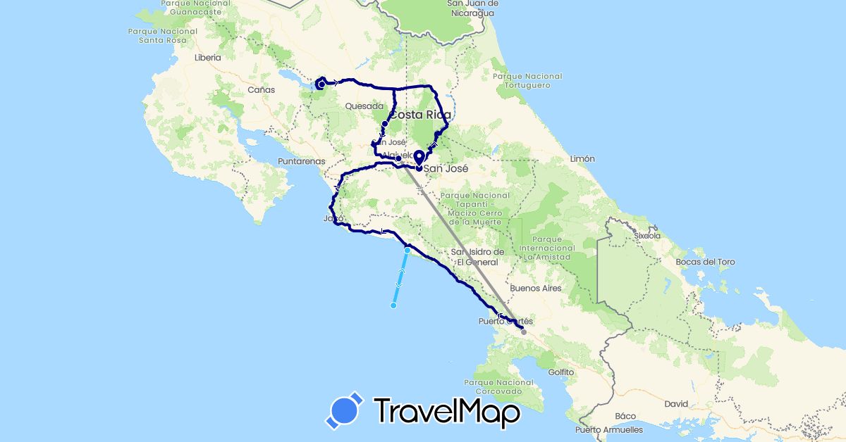 TravelMap itinerary: driving, plane, boat in Costa Rica (North America)