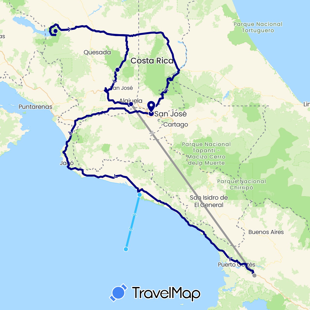 TravelMap itinerary: driving, plane, boat in Costa Rica (North America)