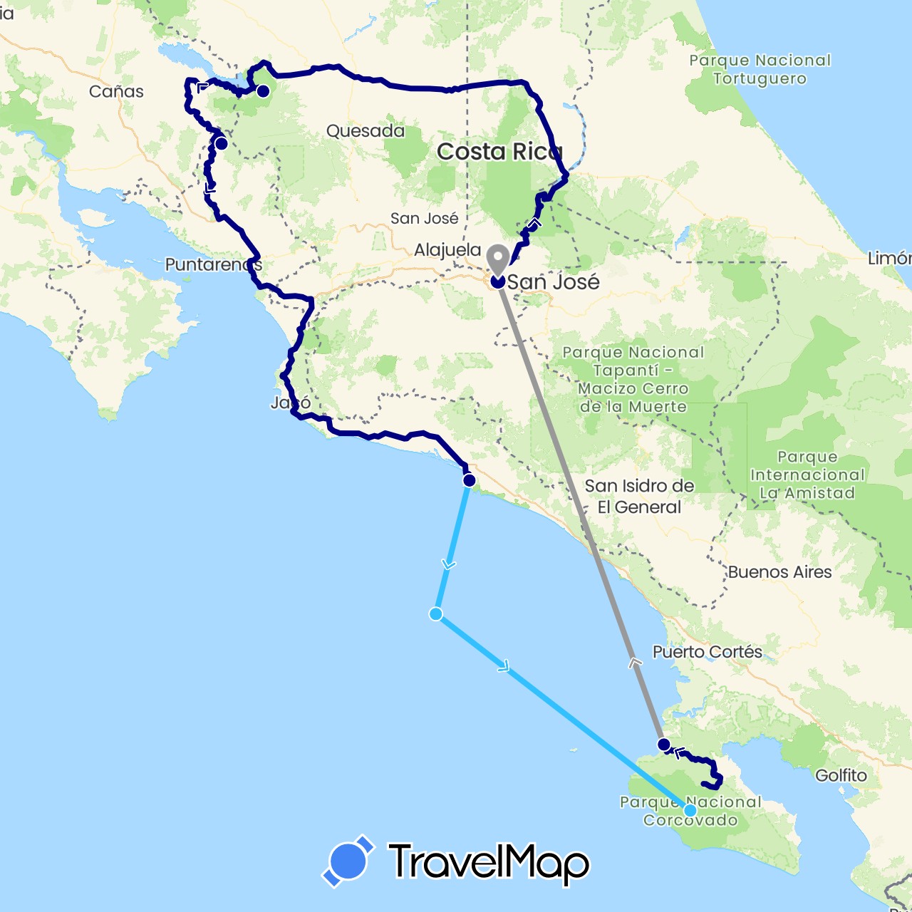 TravelMap itinerary: driving, plane, boat in Costa Rica (North America)