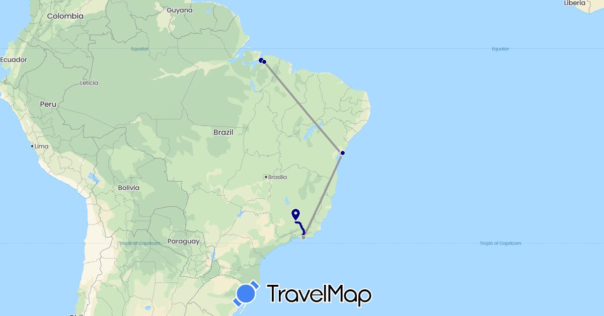 TravelMap itinerary: driving, plane in Brazil (South America)