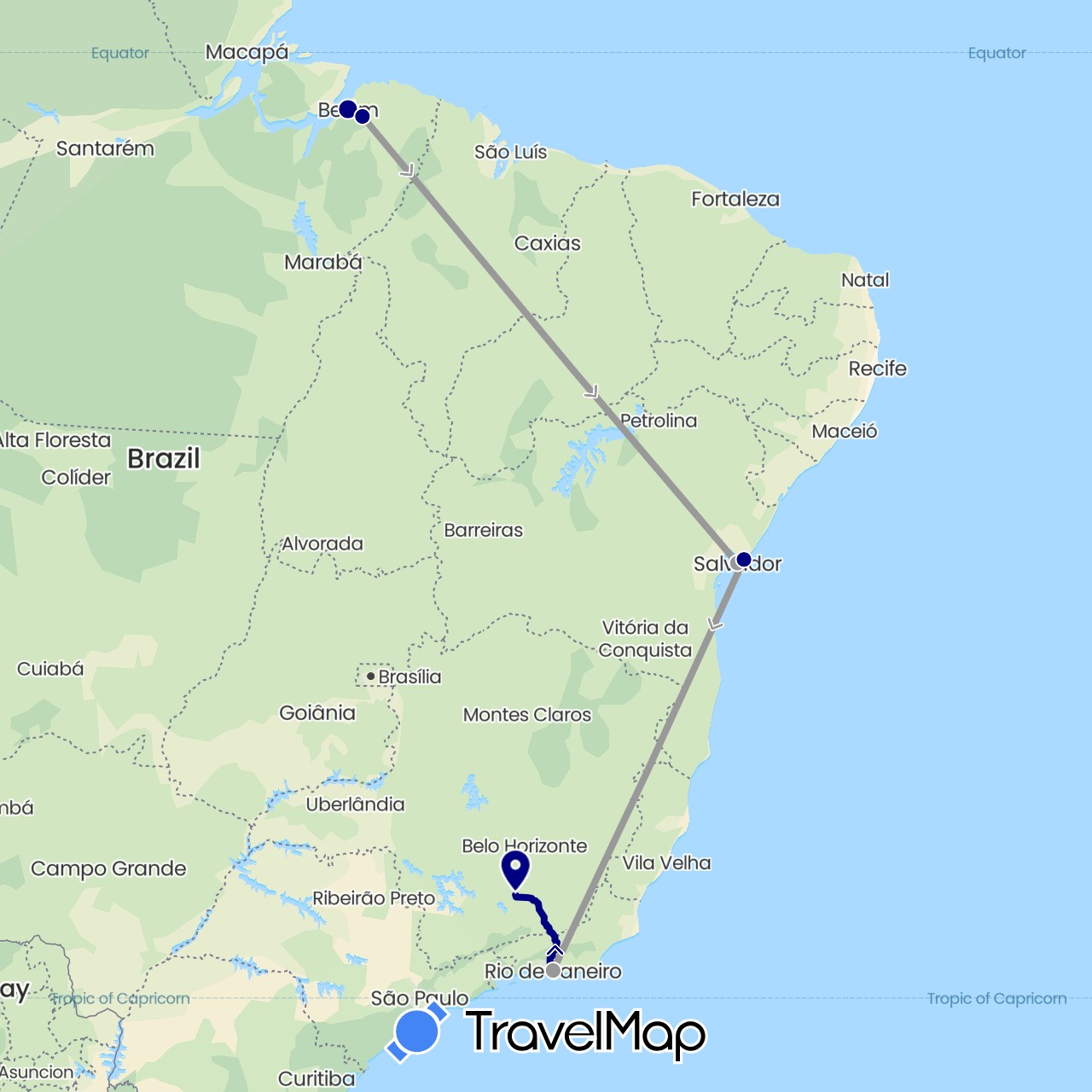 TravelMap itinerary: driving, plane in Brazil (South America)