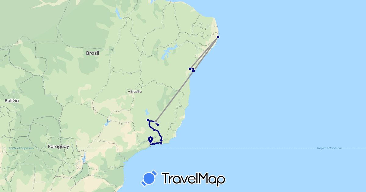 TravelMap itinerary: driving, plane in Brazil (South America)