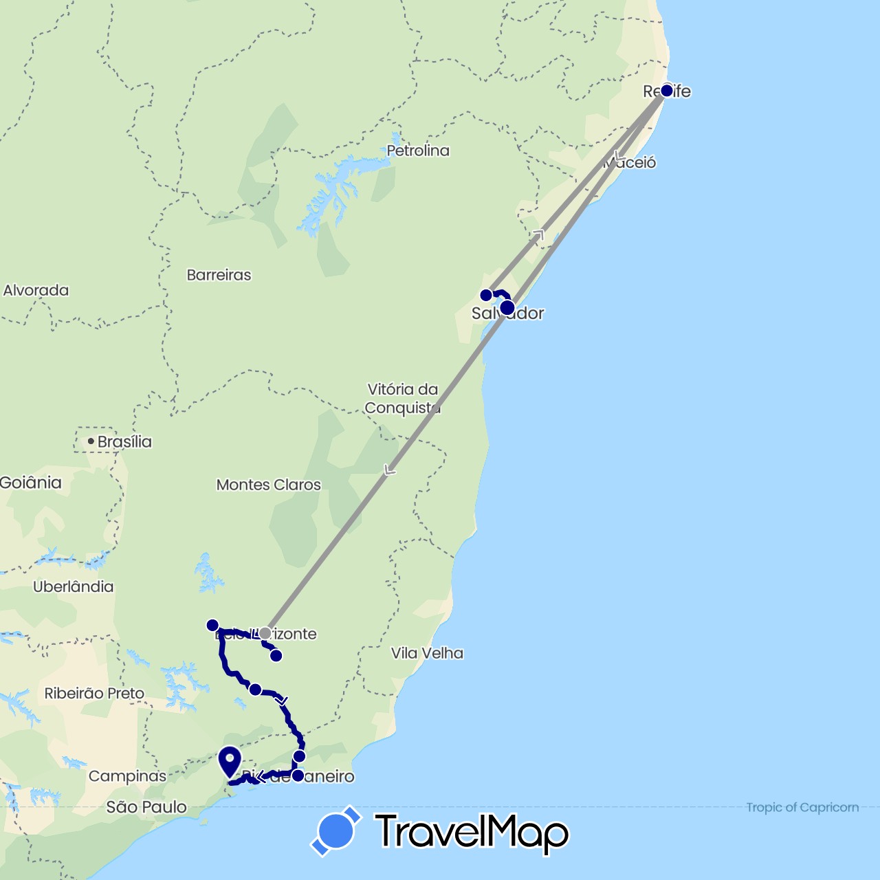 TravelMap itinerary: driving, plane in Brazil (South America)