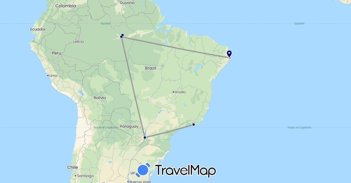 TravelMap itinerary: driving, plane in Argentina, Brazil (South America)