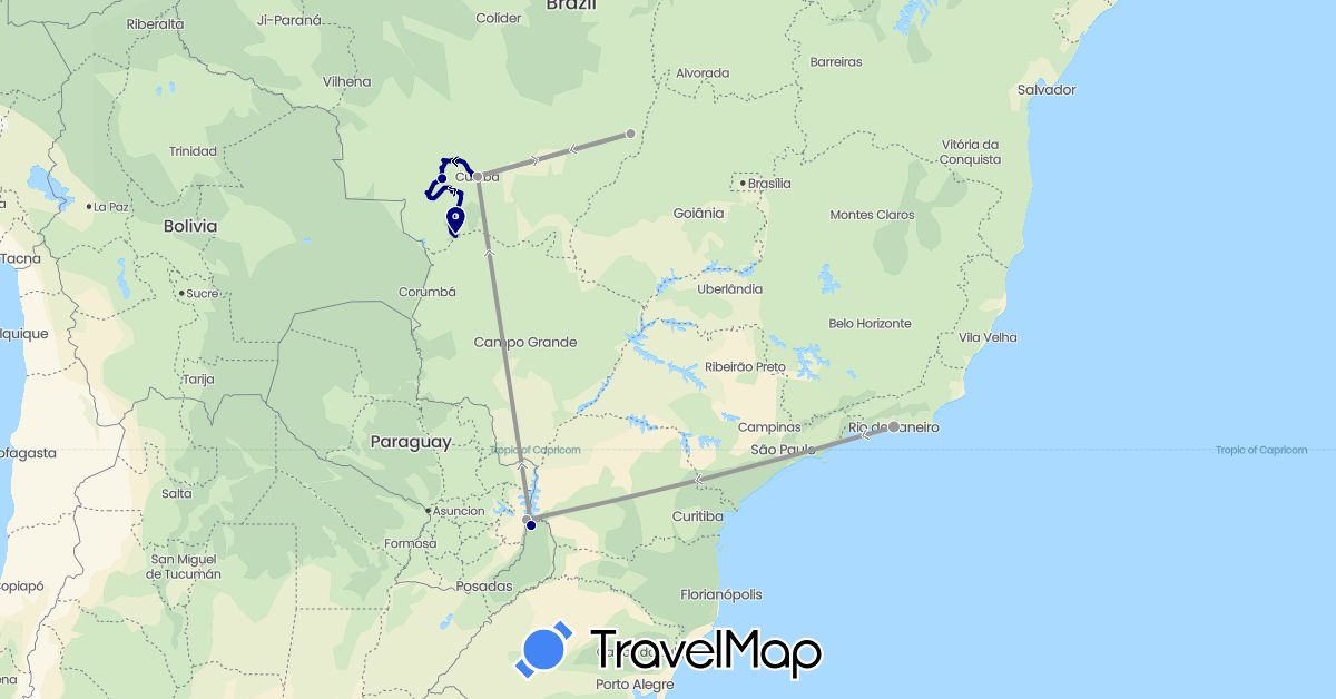 TravelMap itinerary: driving, plane in Argentina, Brazil (South America)
