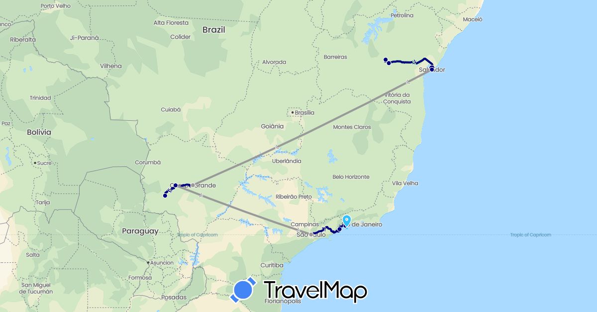 TravelMap itinerary: driving, bus, plane, boat in Brazil (South America)