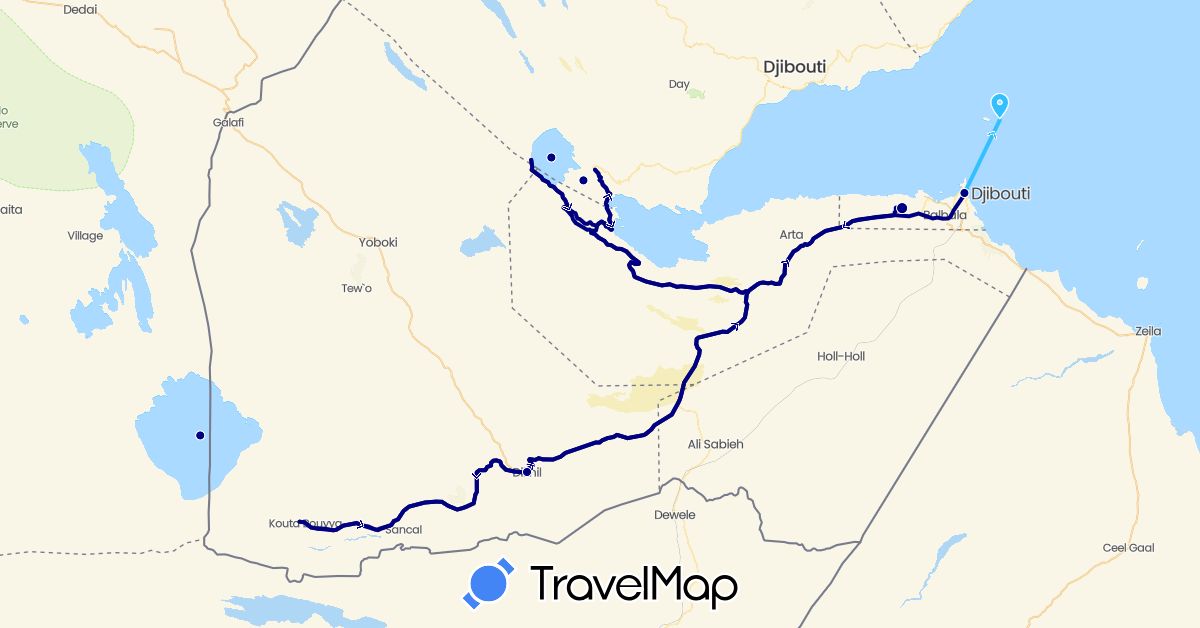 TravelMap itinerary: driving, boat in Djibouti, Ethiopia (Africa)