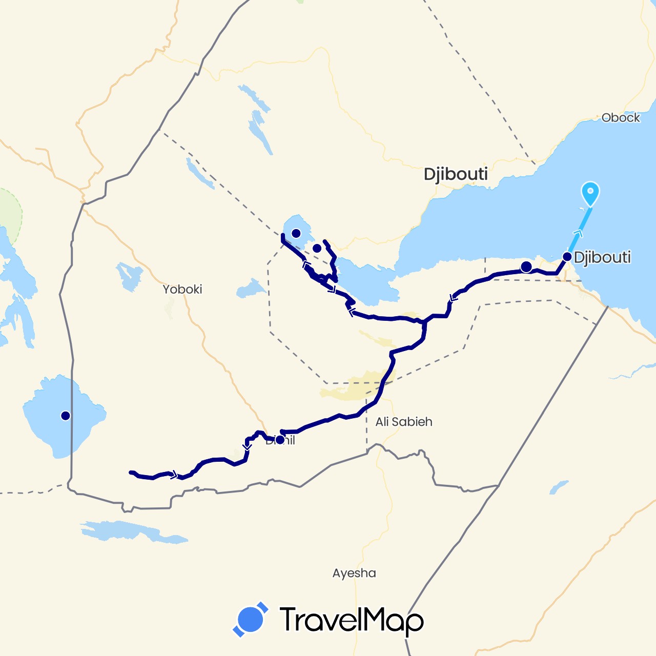 TravelMap itinerary: driving, boat in Djibouti, Ethiopia (Africa)