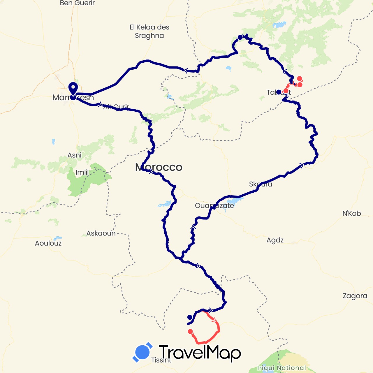 TravelMap itinerary: driving, hiking in Morocco (Africa)