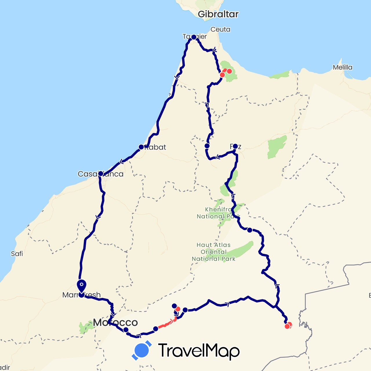 TravelMap itinerary: driving, hiking in Morocco (Africa)