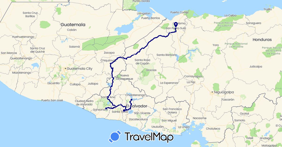 TravelMap itinerary: driving in Honduras, El Salvador (North America)