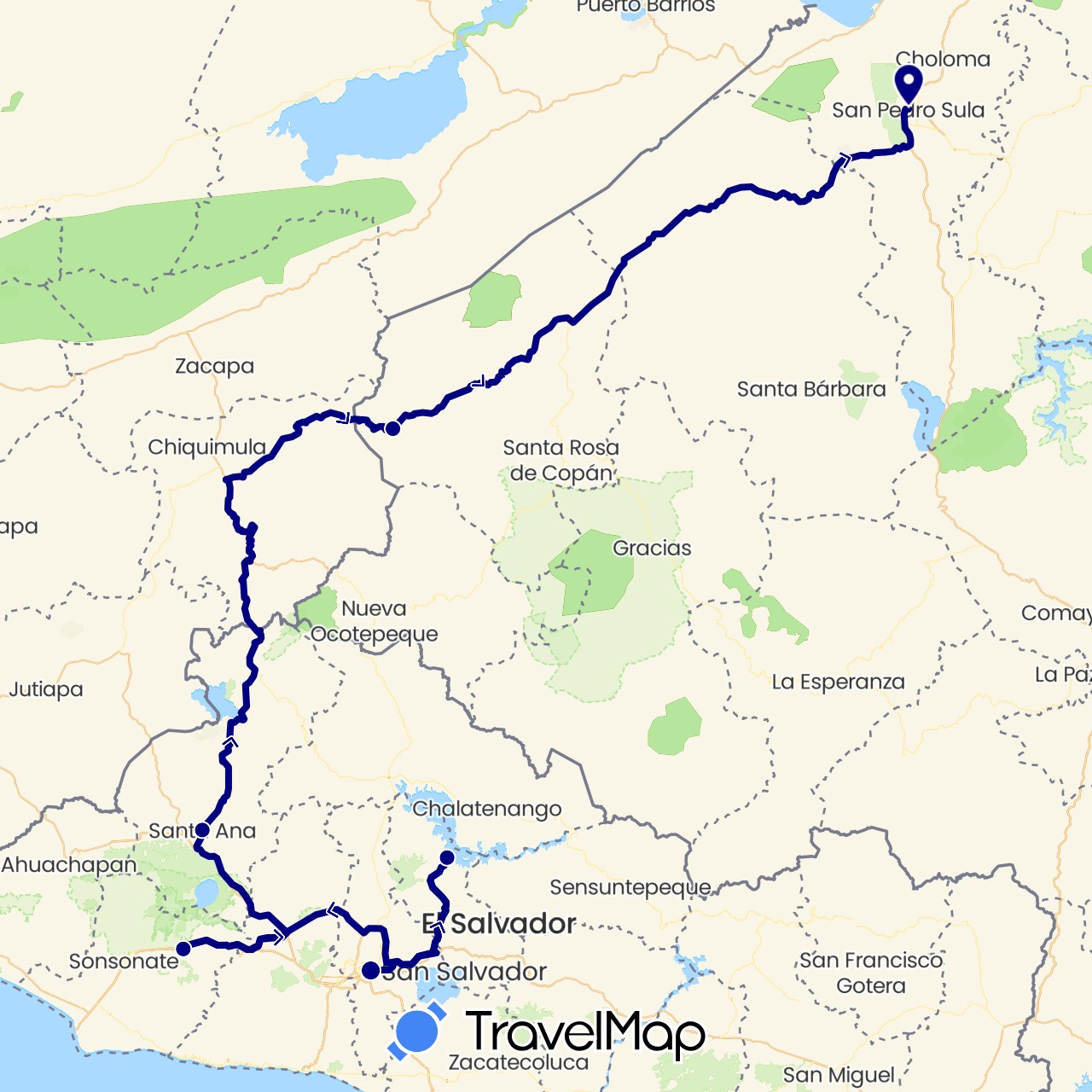 TravelMap itinerary: driving in Honduras, El Salvador (North America)