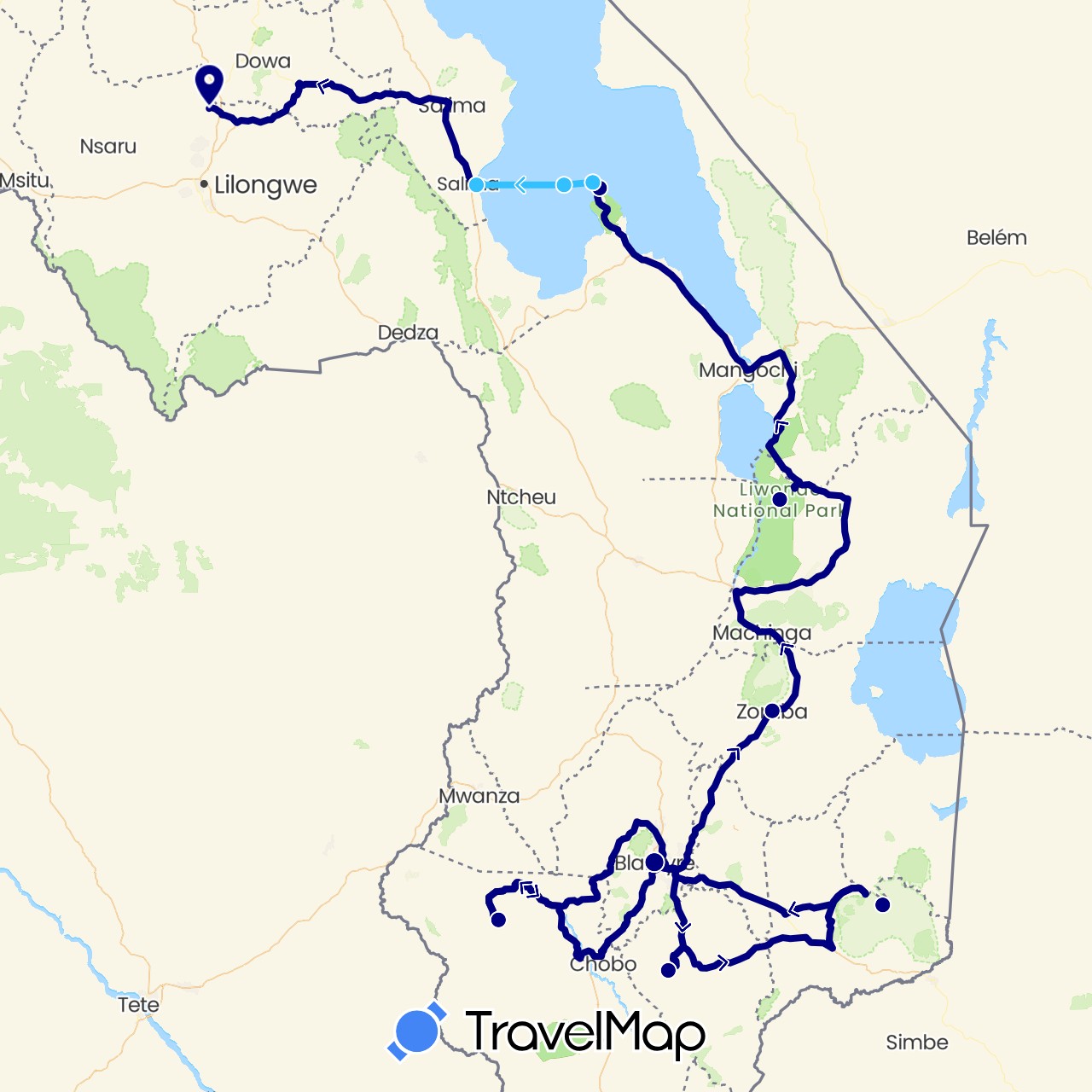 TravelMap itinerary: driving, boat in Malawi (Africa)