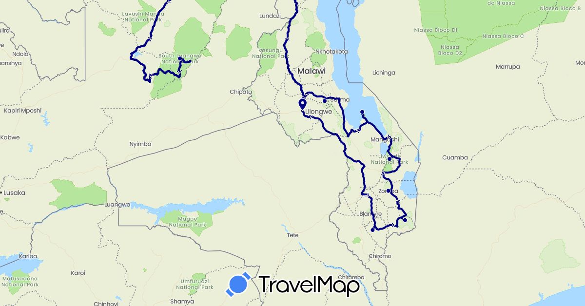 TravelMap itinerary: driving in Malawi, Zambia (Africa)