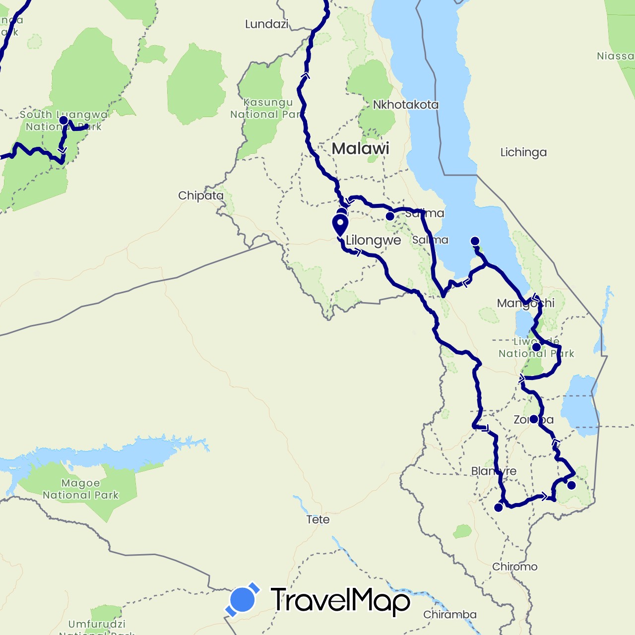 TravelMap itinerary: driving in Malawi, Zambia (Africa)