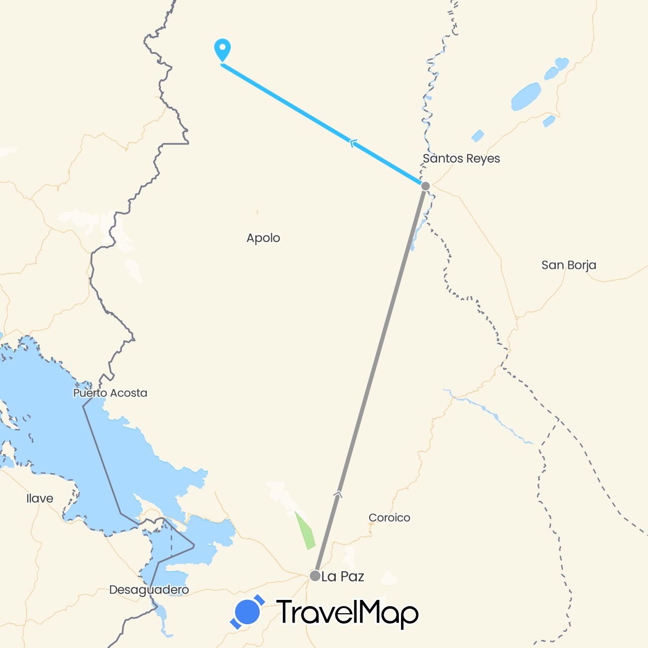 TravelMap itinerary: driving, plane, boat in Bolivia (South America)