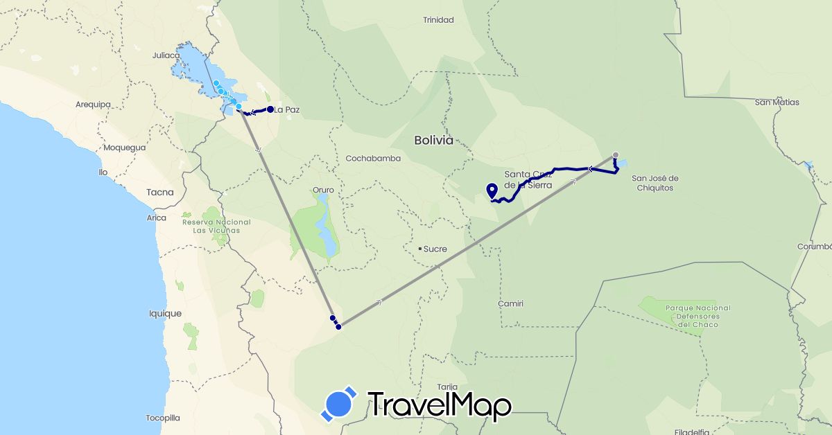 TravelMap itinerary: driving, plane, boat in Bolivia (South America)