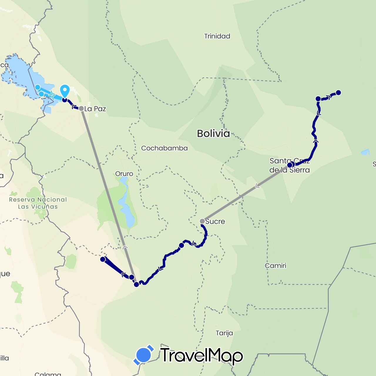 TravelMap itinerary: driving, plane, boat in Bolivia (South America)
