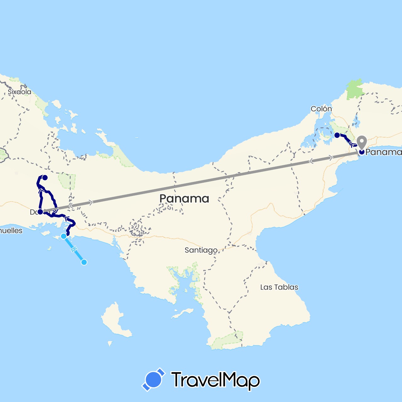 TravelMap itinerary: driving, plane, boat in Panama (North America)