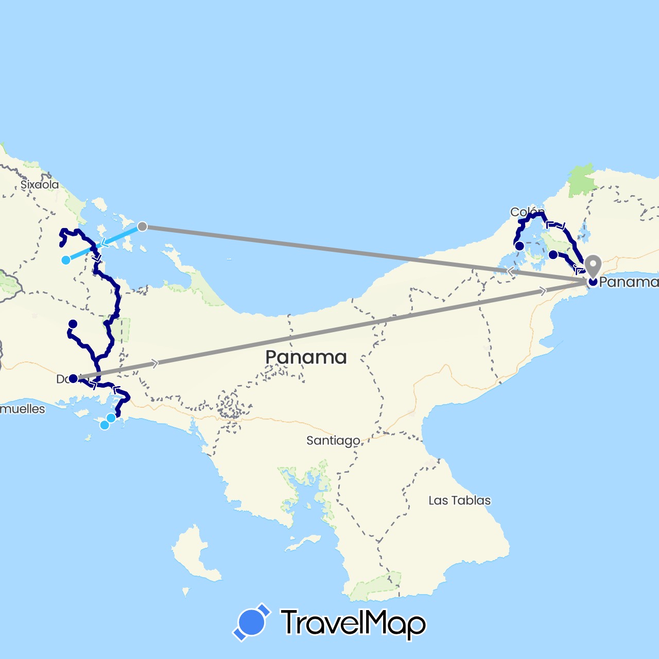 TravelMap itinerary: driving, plane, boat in Panama (North America)