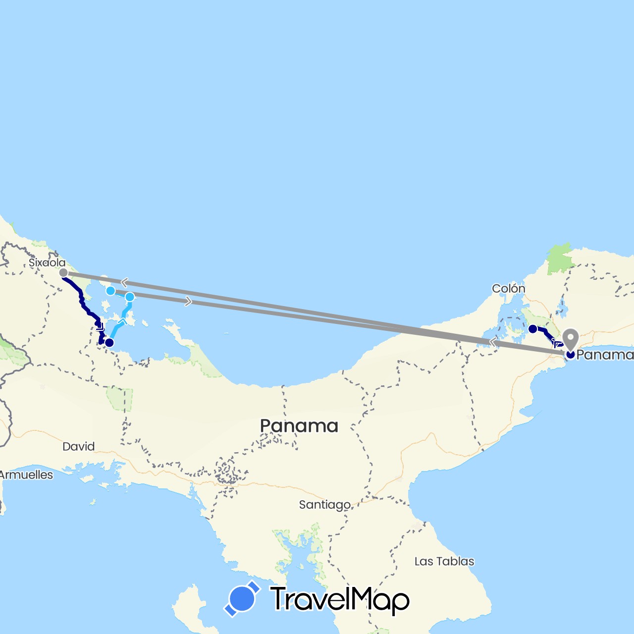 TravelMap itinerary: driving, plane, boat in Panama (North America)