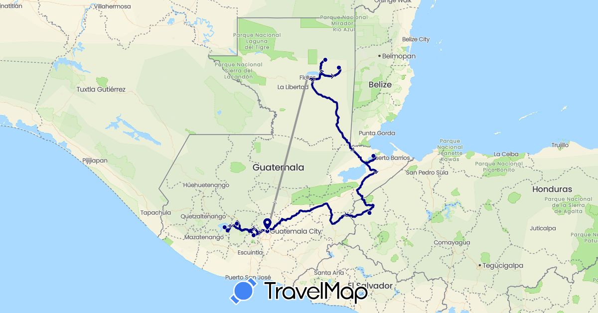 TravelMap itinerary: driving, plane in Guatemala, Honduras (North America)