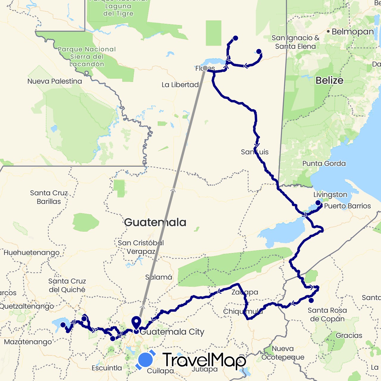 TravelMap itinerary: driving, plane in Guatemala, Honduras (North America)