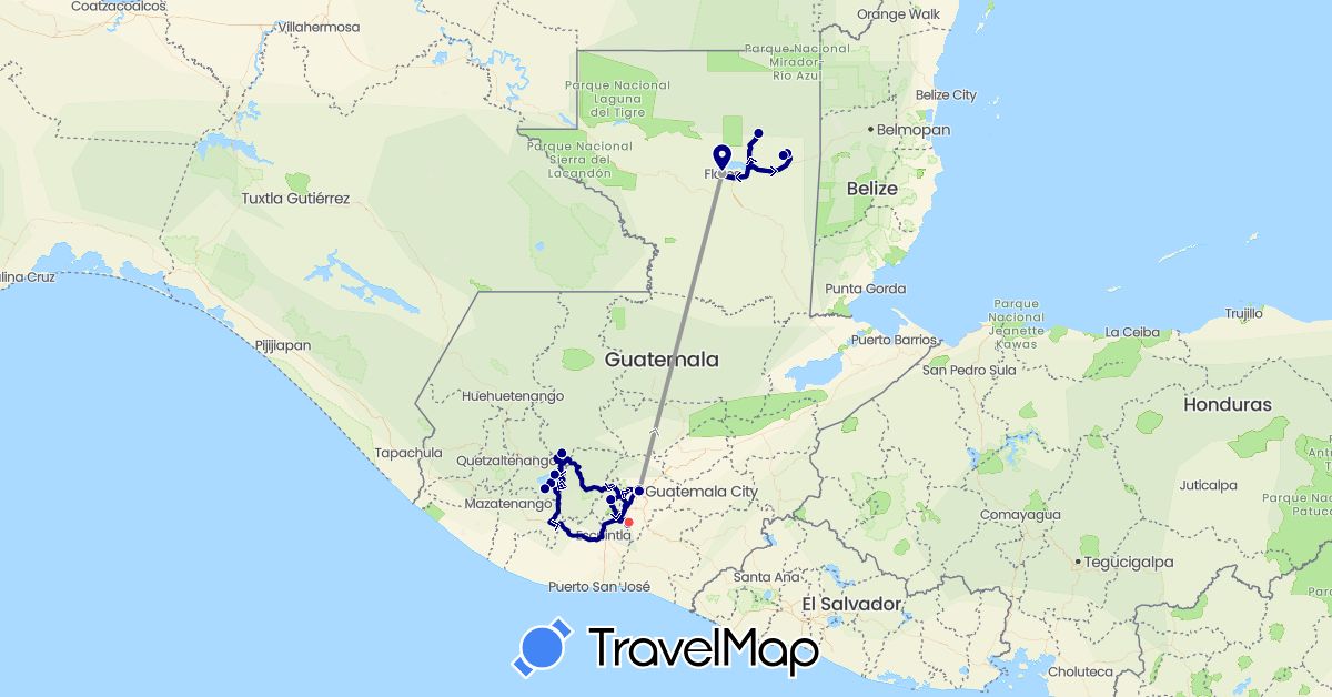 TravelMap itinerary: driving, plane, hiking in Guatemala (North America)