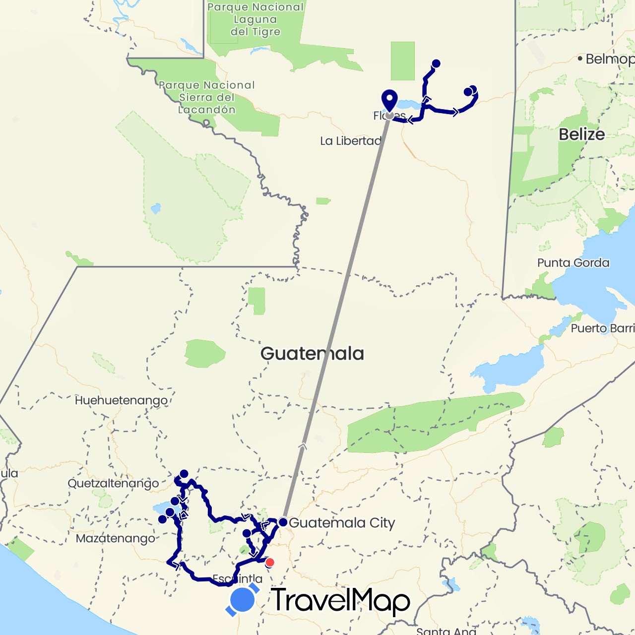 TravelMap itinerary: driving, plane, hiking in Guatemala (North America)