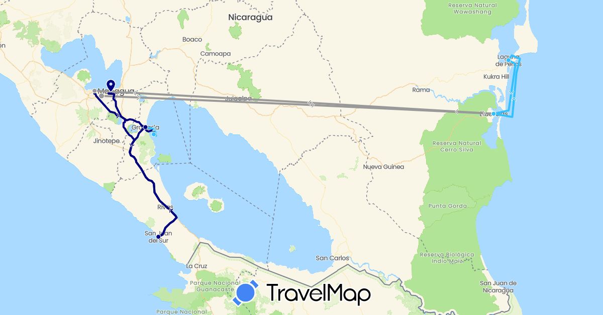 TravelMap itinerary: driving, plane, boat in Nicaragua (North America)