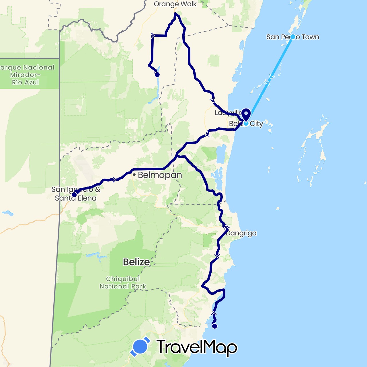 TravelMap itinerary: driving, boat in Belize (North America)