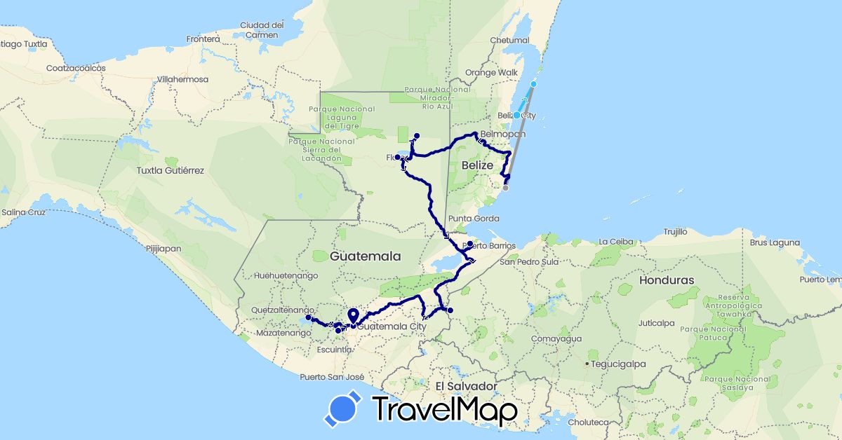 TravelMap itinerary: driving, plane, boat in Belize, Guatemala, Honduras (North America)
